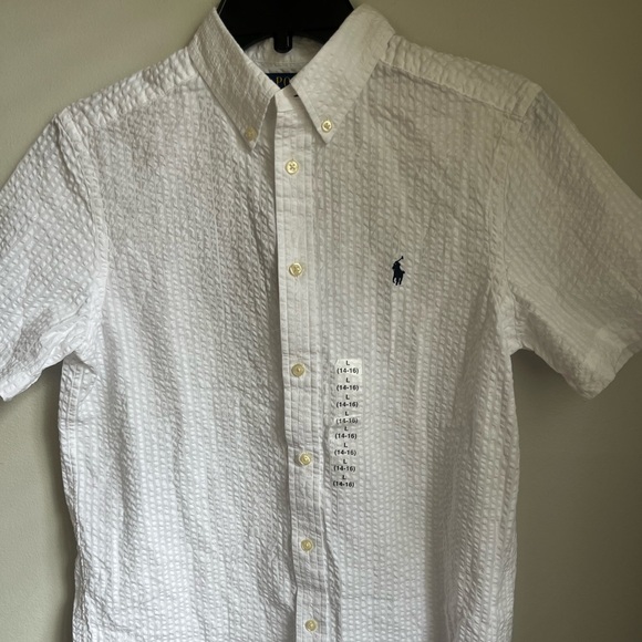 Polo Ralph Lauren Boys Size L 14/16 White Seersucker Shirt Blue Pony Graduation - Picture 1 of 6